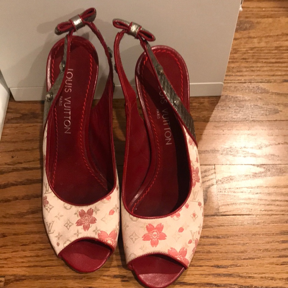 Authentic LV cherry blossom satin slingbacks